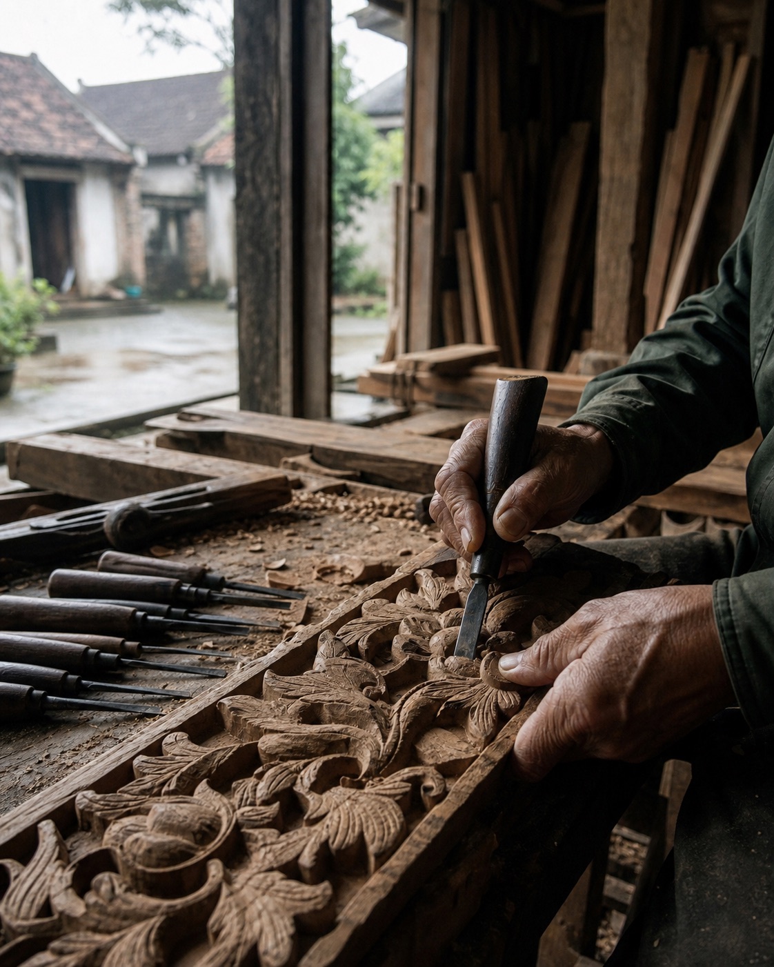Đôi tay người thợ dùng đục chạm một tấm gỗ trong xưởng